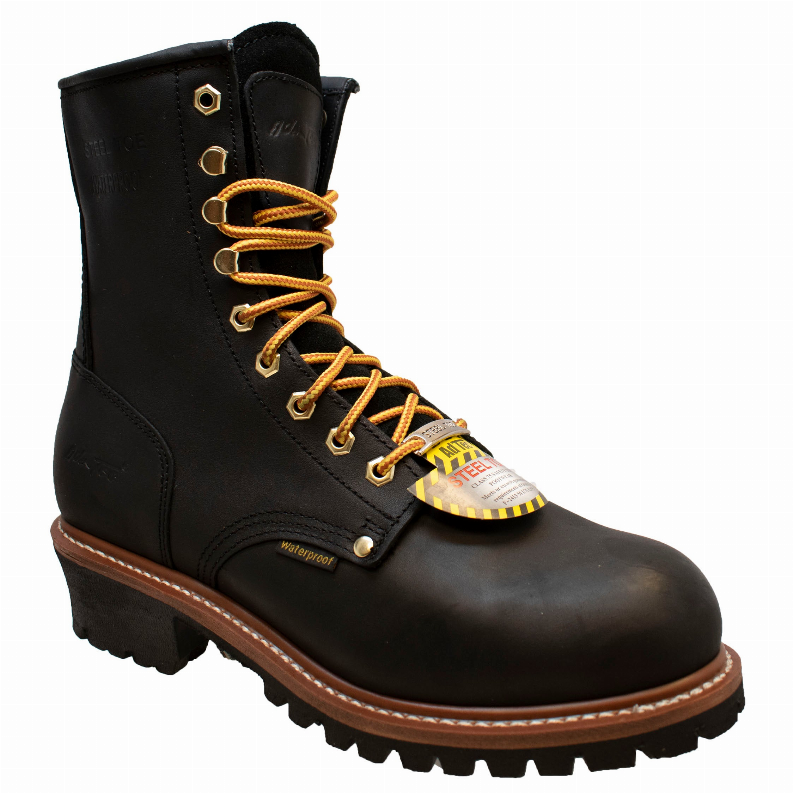 Steel-toe logger boots, black leather with orange laces and brown edge stitching