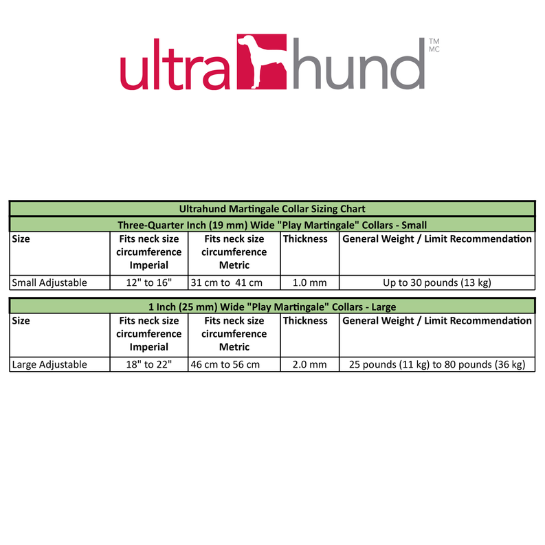 Ultrahund martingale collar sizing chart with measurements and weight limits