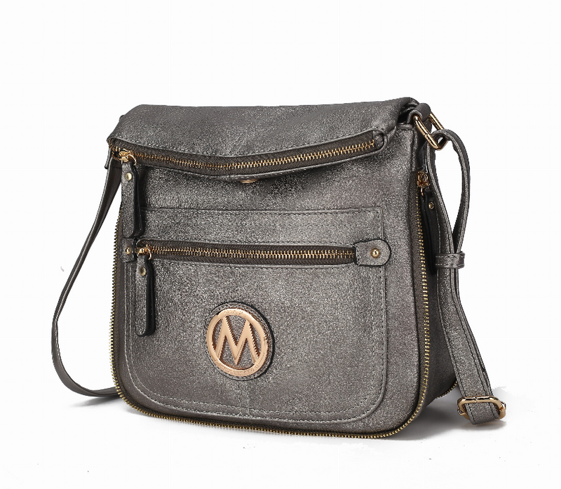 Gray leather-look crossbody bag with top zipper, front pocket, adjustable strap