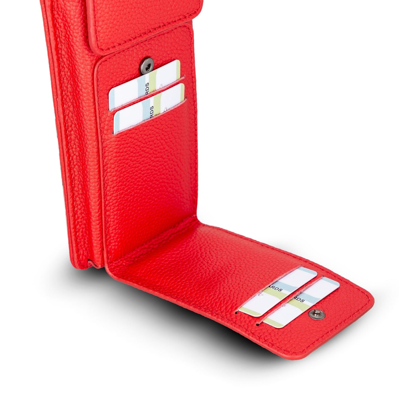 Red leather phone wallet crossbody with card slots and snap flap