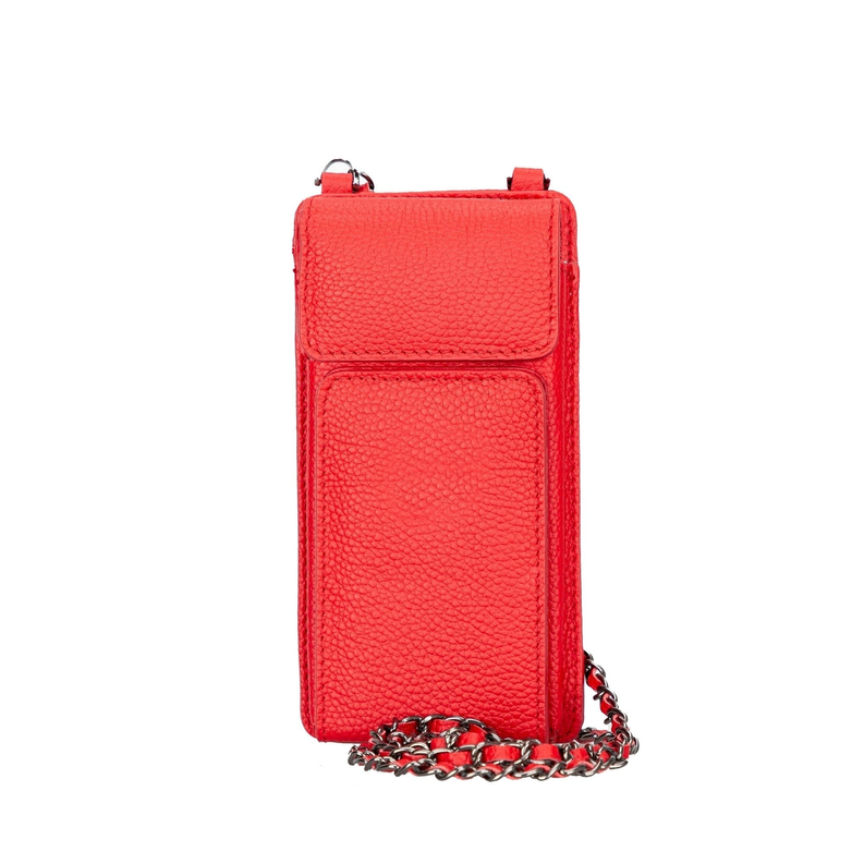 Red leather phone wallet with textured finish and silver chain strap
