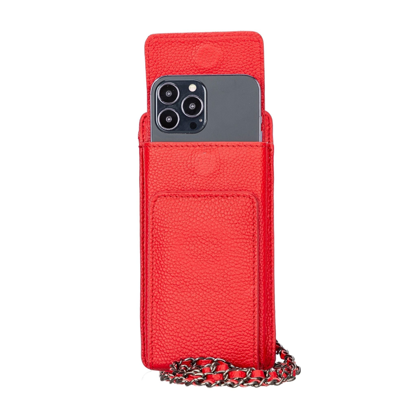 Red leather phone wallet with camera cutouts and chain strap