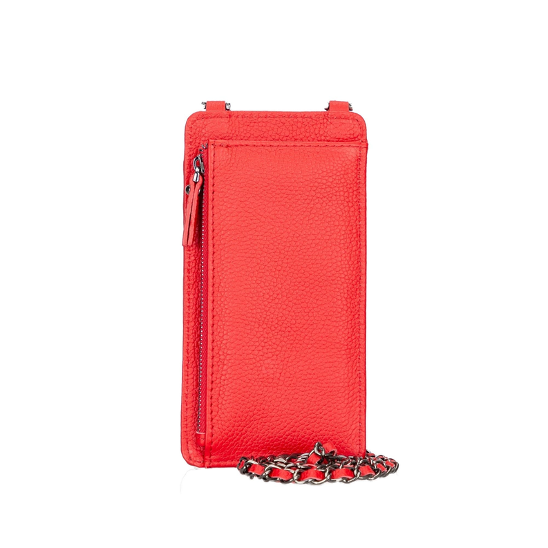 Red leather phone wallet with zipper top and silver chain strap
