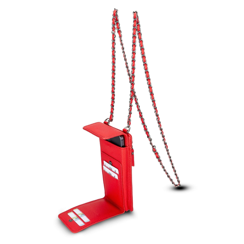 Red leather phone wallet crossbody with chain strap and card holder opening
