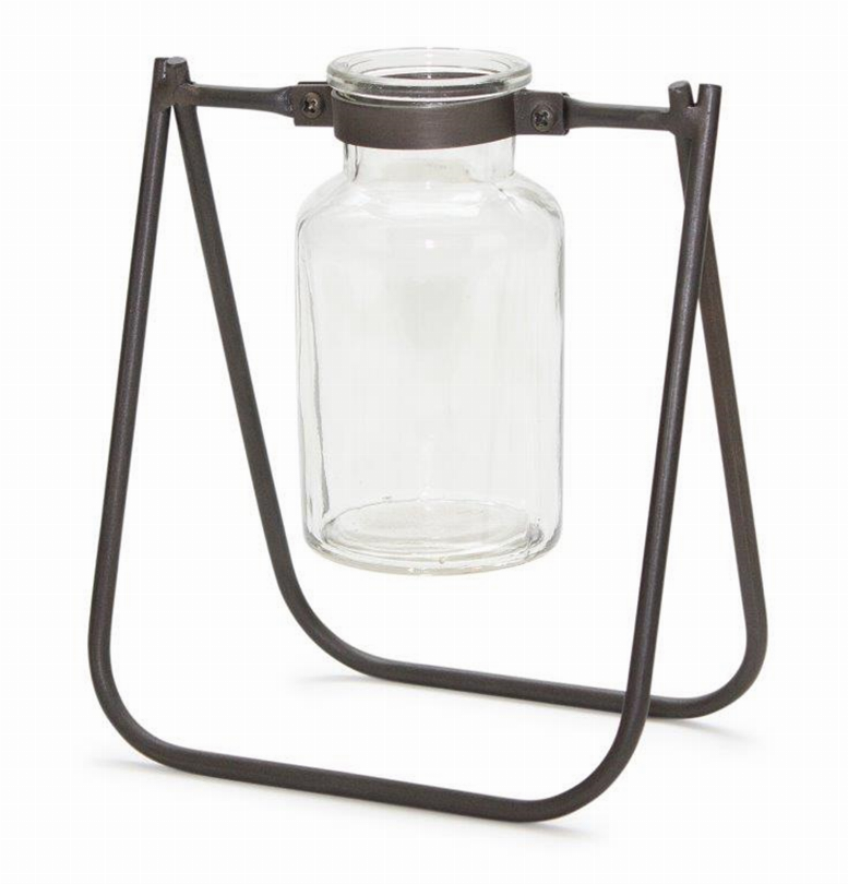 Glass storage jar with dark iron stand and handle