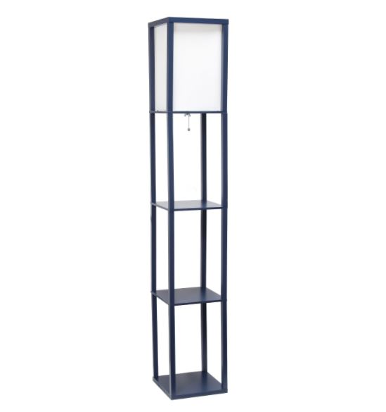 Lalia Home column floor lamp with navy open-frame shelves and linen shade
