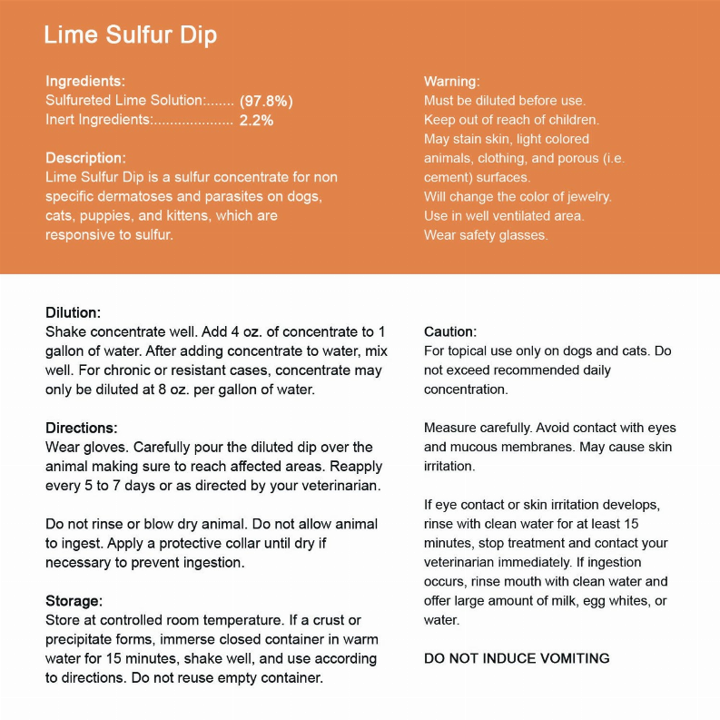 Lime sulfur dip back label panel with ingredients, dilution, and safety cautions