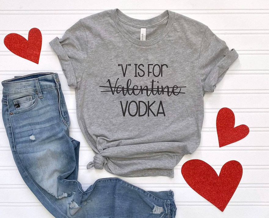 Heather gray graphic T-shirt with 'V Is For Valentine VODKA' print