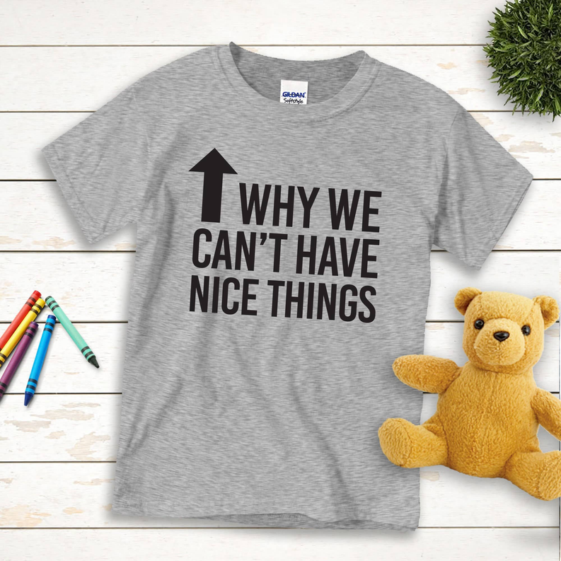 Heather gray kids T-shirt with arrow and 'Why we can't have nice things' text