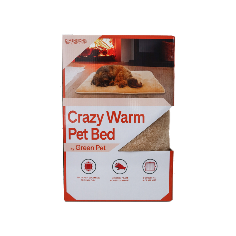 Warm pet bed in hazelnut packaging, rectangular cushion with fabric cover