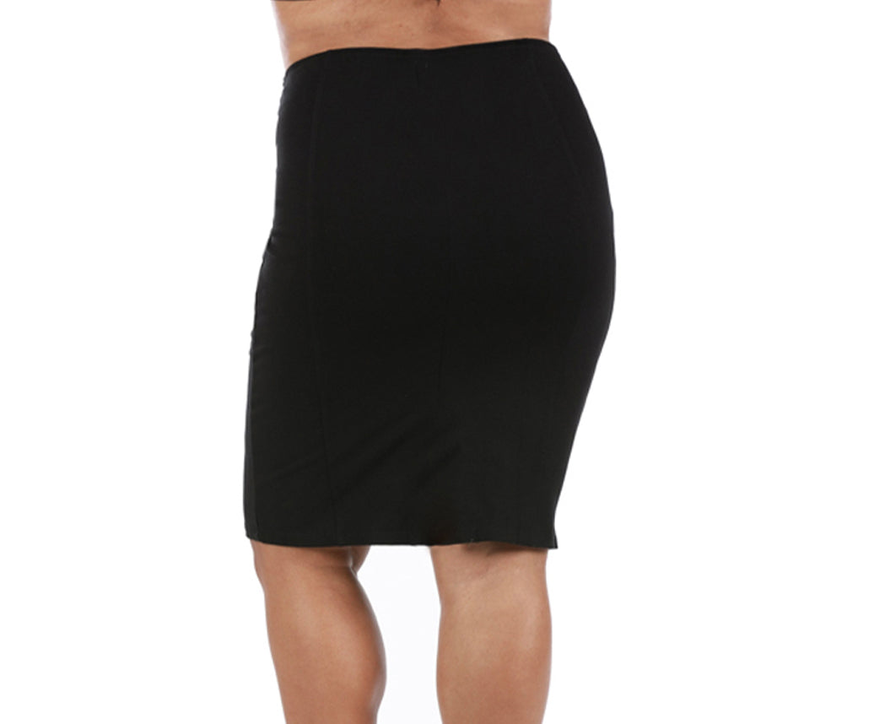 Back view black short pencil skirt with elastic waistband