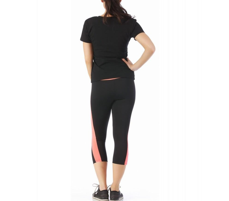 Black short-sleeve top with scoop back and fitted sides, contrast stripe detail