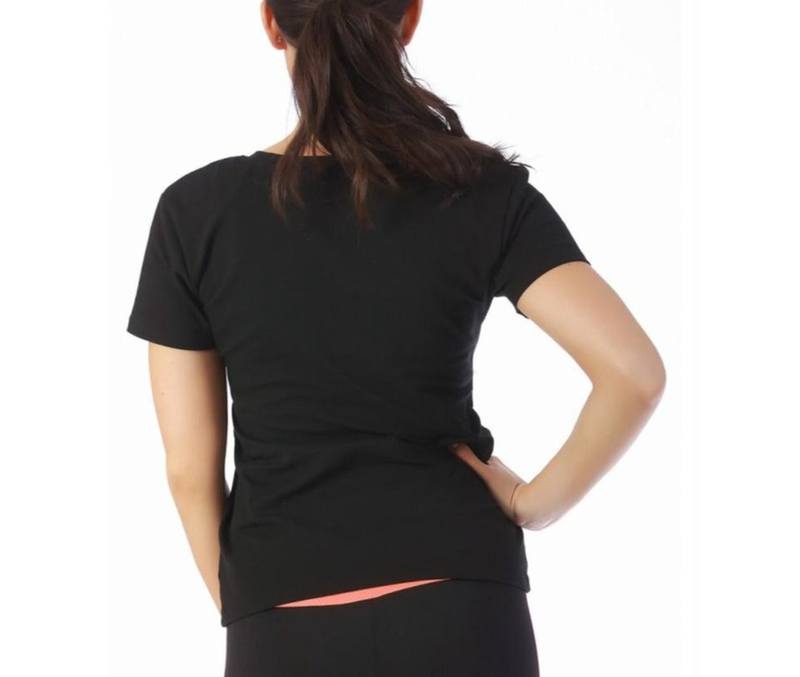 Black short-sleeve top with high back and fitted waist, contrast side stripe