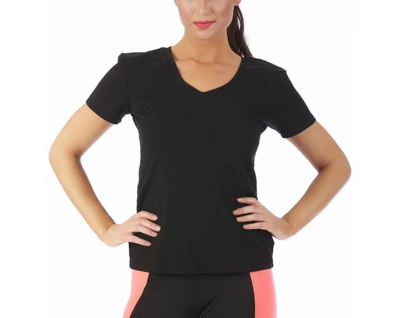 Black V-neck short-sleeve fitted top with smooth seams and curved hem
