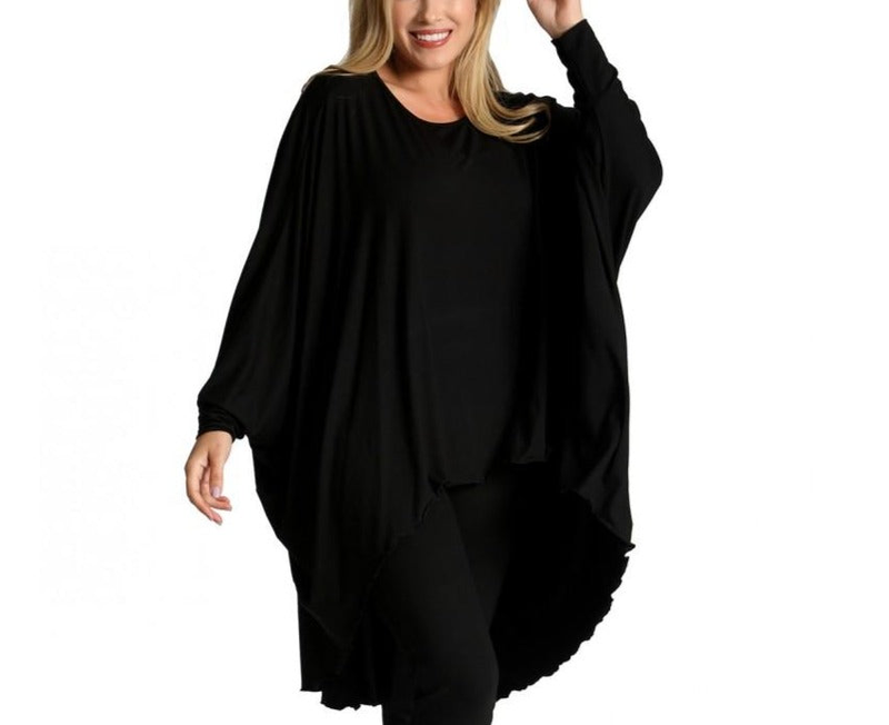Black long-sleeve wrap-style cardi top with curved hem and draped side panels