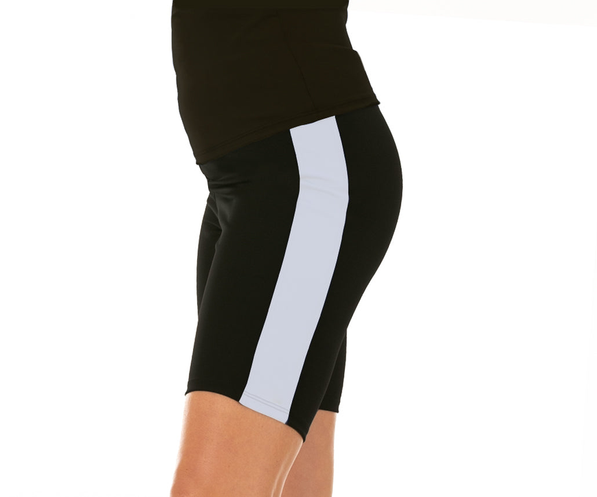 Black compression shorts with white side color blocks, mid-thigh length
