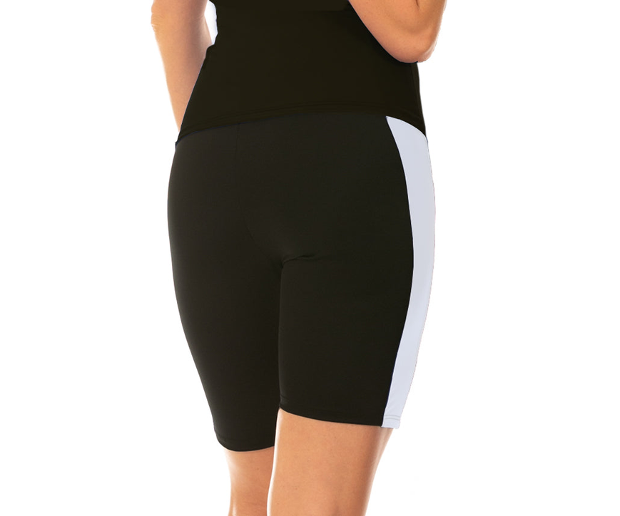 Black mid-thigh compression shorts with white vertical side stripe panels