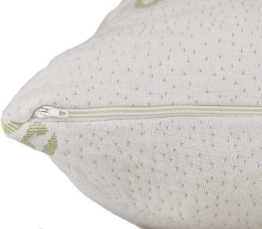 Close-up of white bamboo-print pillow cover with side zipper and stitching.