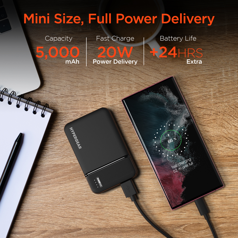 Black HyperGear 5000mAh mini power bank, slim rectangular with USB-C port