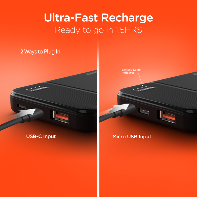 Black HyperGear power bank with USB-C input, micro USB input, and output ports