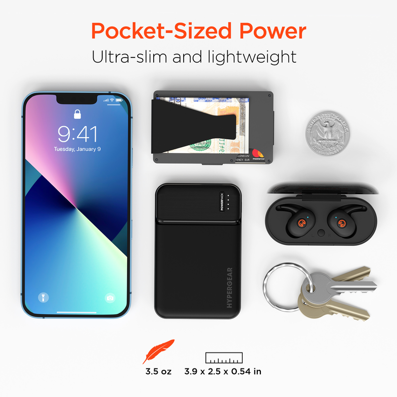 Black HyperGear mini power bank with USB-C cable and key ring, pocket size
