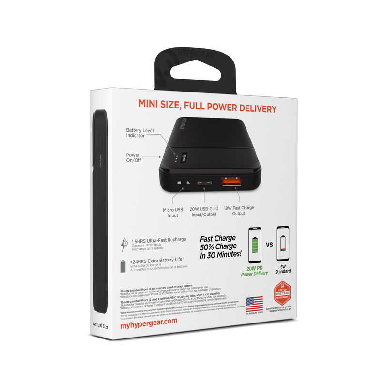 HyperGear mini power bank retail box showing 20W fast charge port layout
