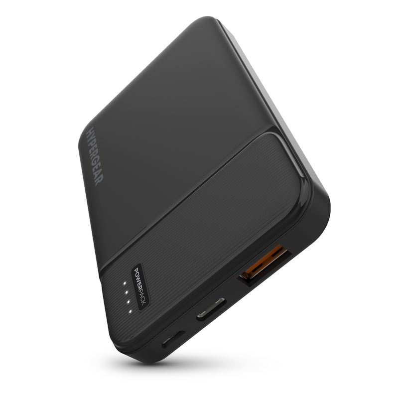 Black HyperGear power bank angled view with USB-A and USB-C ports