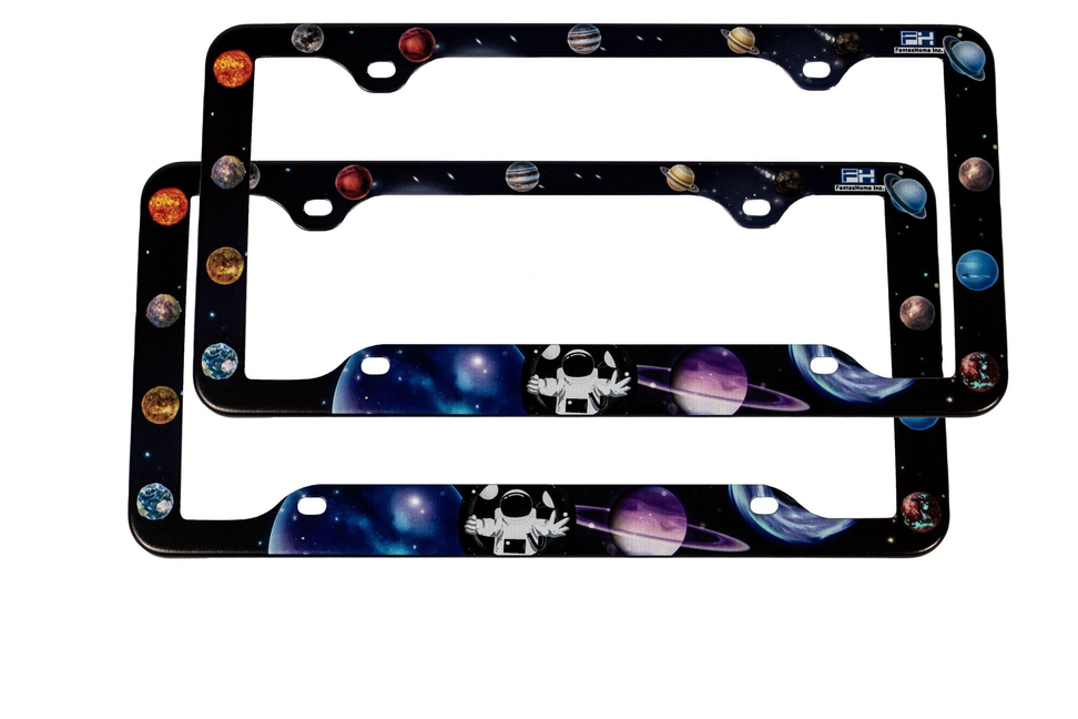 2-pack stainless metal car license plate frames with planet space graphics and mounting holes