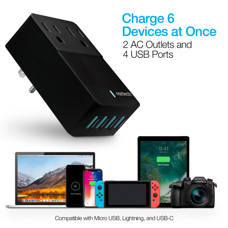 Black compact charger with two AC outlets and four USB ports, angled view