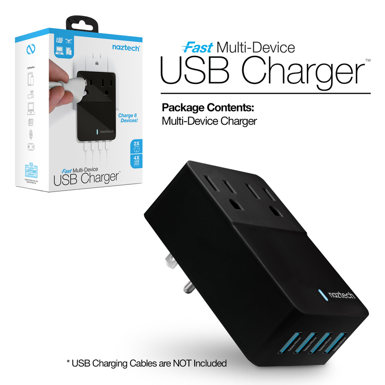 Black multi-device USB charger with retail box, four USB ports and two outlets