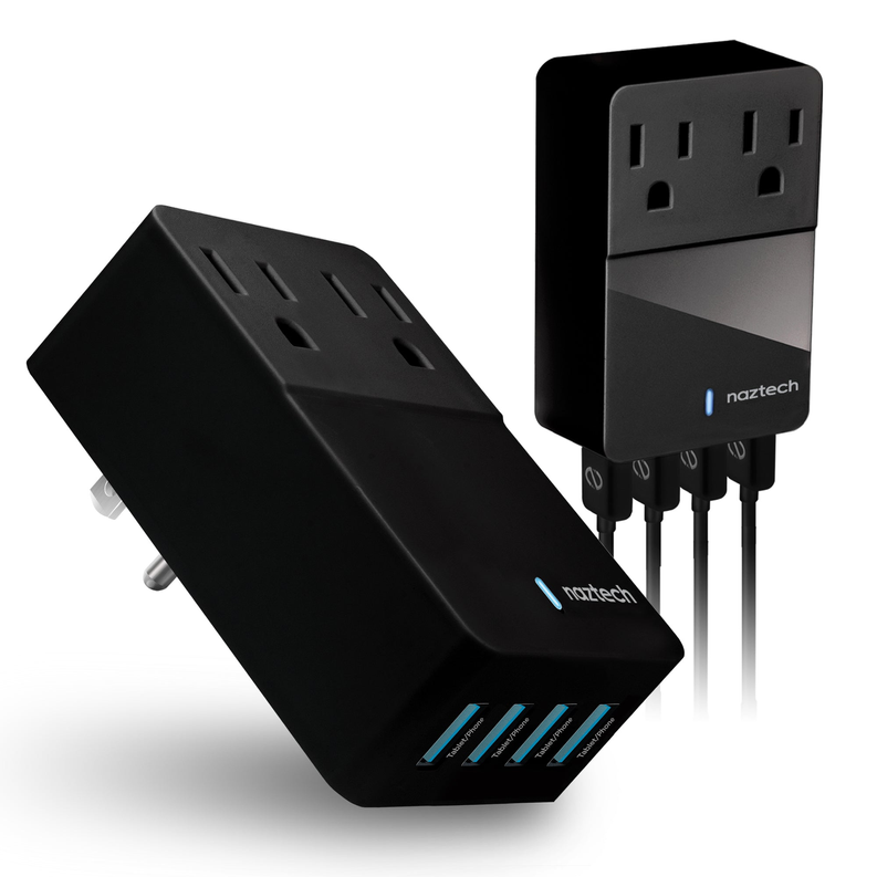 Black wall charger adapter with two AC outlets and four USB ports