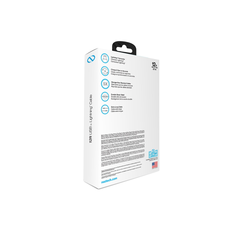 Naztech USB to Lightning cable retail box back with specs and features