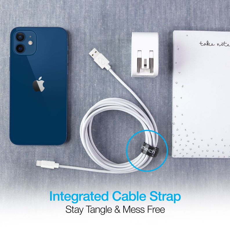 White USB to Lightning cable with integrated cable strap for tangle-free use