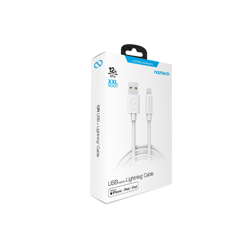 White 12 ft USB to Lightning cable retail box with Naztech branding