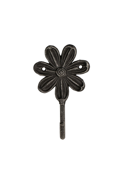 Black cast iron single wall hook with flower-shaped design