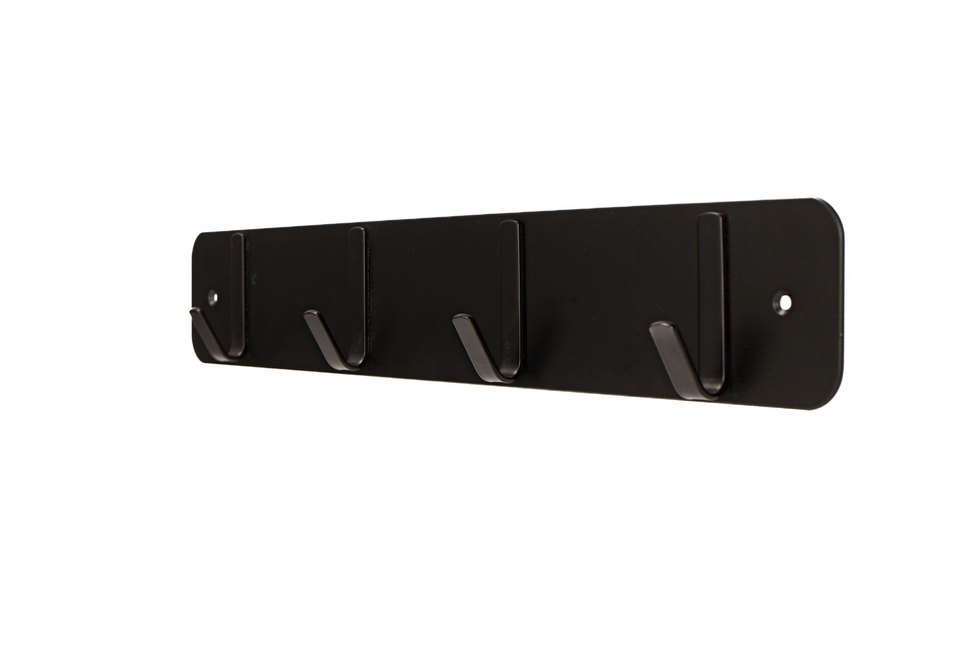 Black wall-mounted hook rack with four curved hooks on a rectangular plate