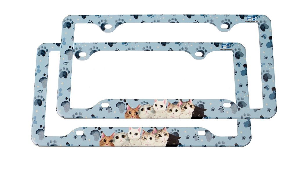 FantasHome 2 Pack Stainless Metal Car License Plate Frame Cover, US Standard Size (Cat) - Auto Accessories
