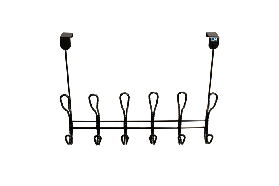 Black over-the-door hook rack with 12 twisted hooks