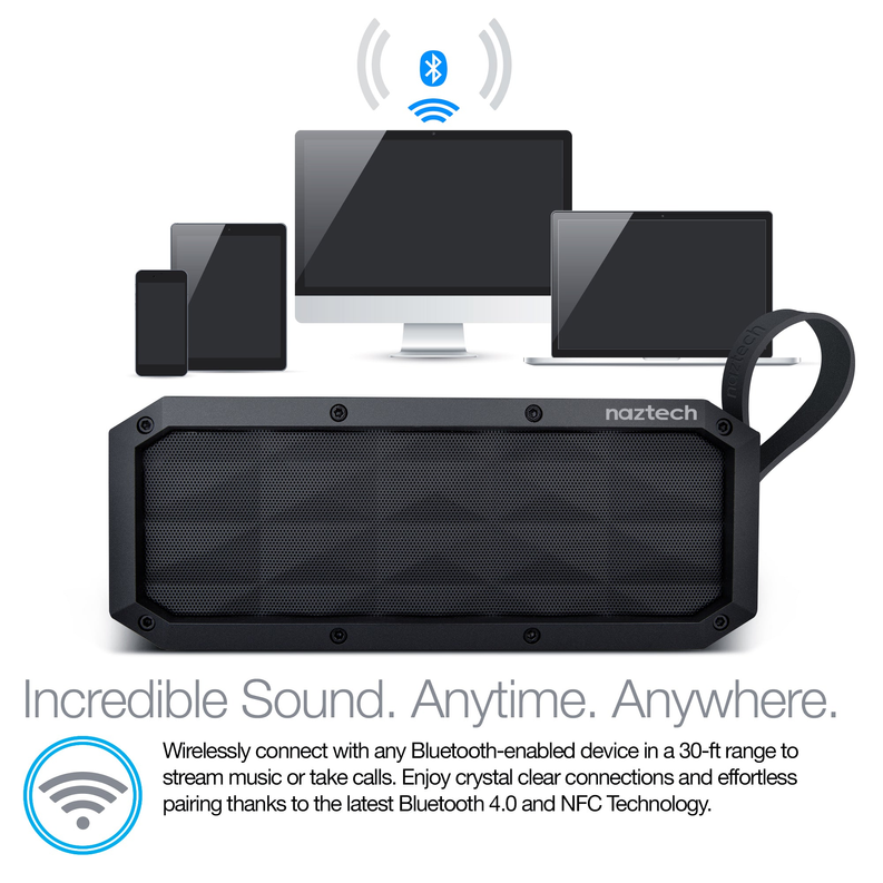 Wireless outdoor speaker with black mesh grille and side carrying strap
