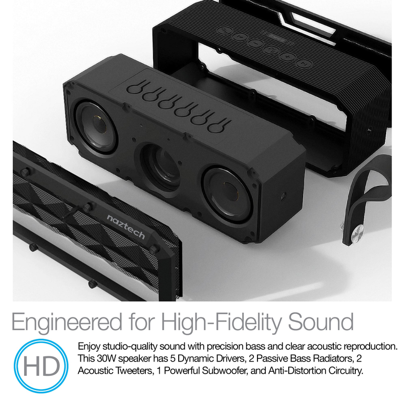 Wireless speaker with exposed dual drivers and bass ports in black housing