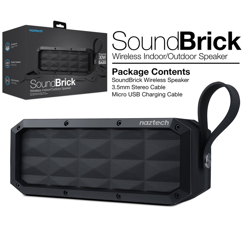 Wireless outdoor speaker package showing speaker, charging cable, and accessories