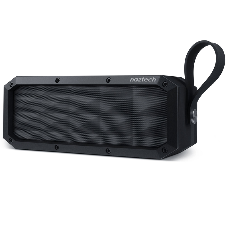 Black wireless speaker with mesh front, rounded corners, and attached carrying handle