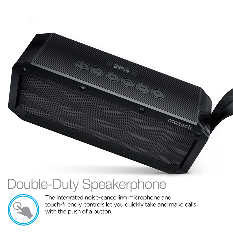 Wireless speaker showing top control buttons and NFC area on black casing