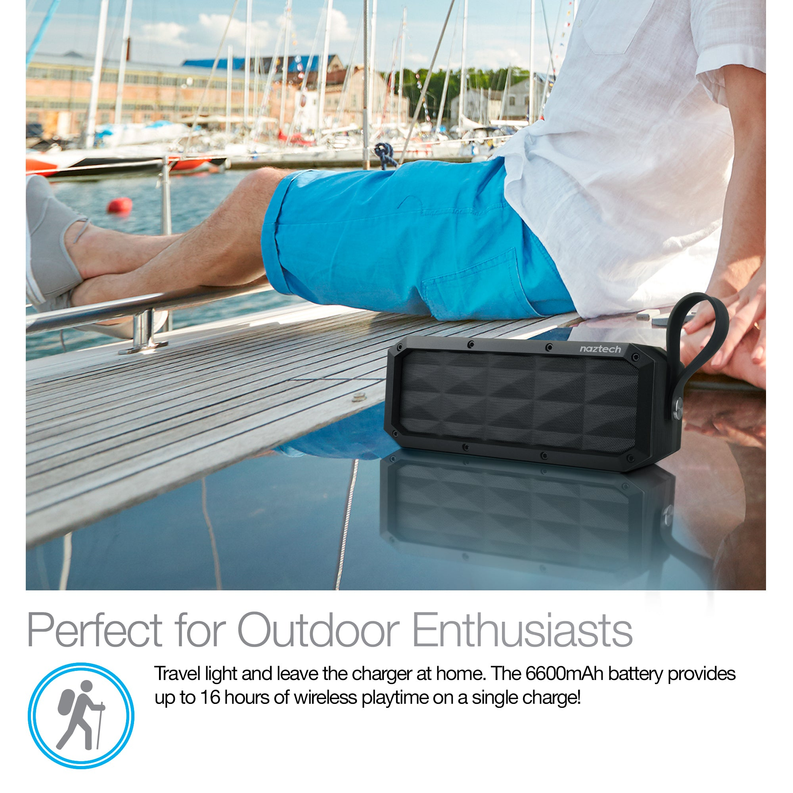 Portable wireless speaker resting on outdoor dock with black grille and handle