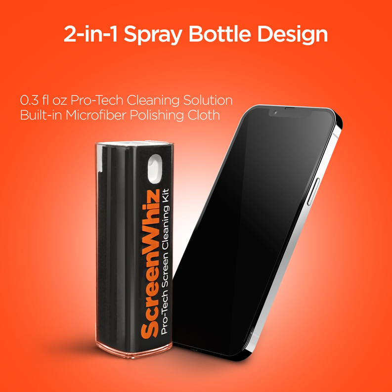 2-in-1 screen cleaning spray bottle with built-in microfiber polishing cloth sleeve