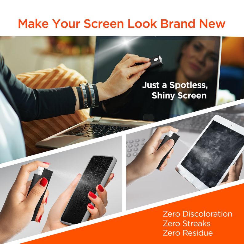 Screen cleaning kit wiping phone and tablet screens with a microfiber cloth
