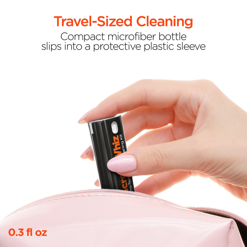 Travel-size screen cleaning bottle with microfiber cloth and protective plastic sleeve