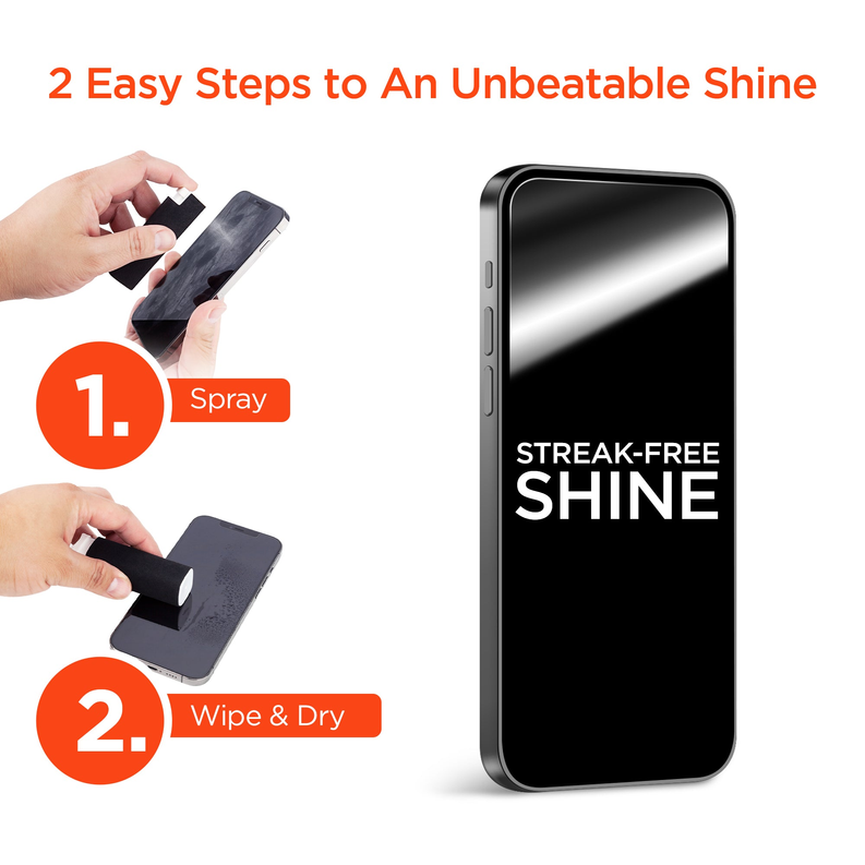 Screen cleaning kit use: spray and microfiber wipe-dry for streak-free smartphone