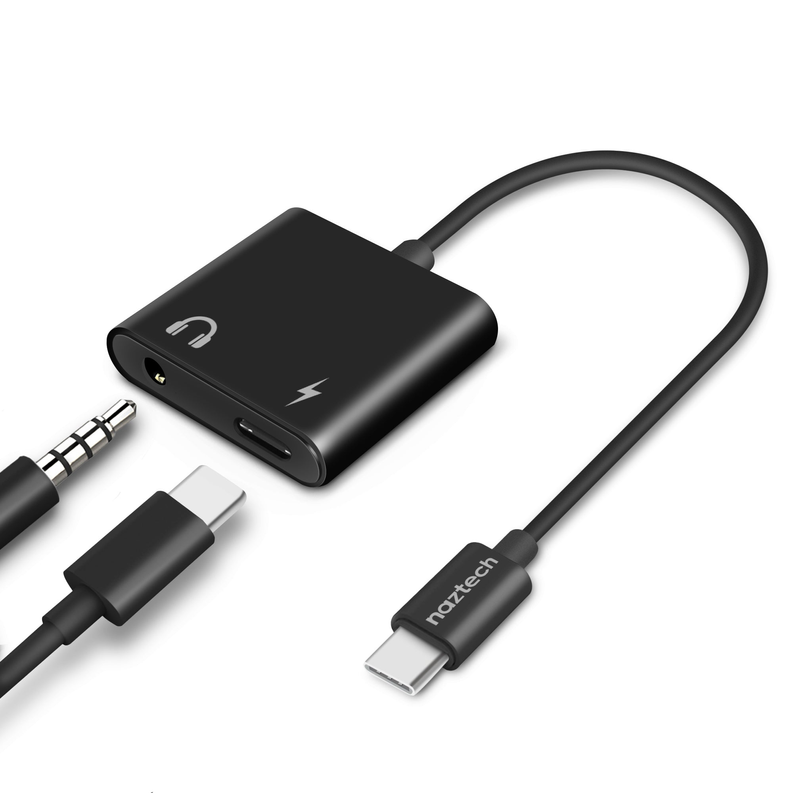 USB-C to 3.5mm audio and charge adapter with USB-C plug and 3.5mm jack