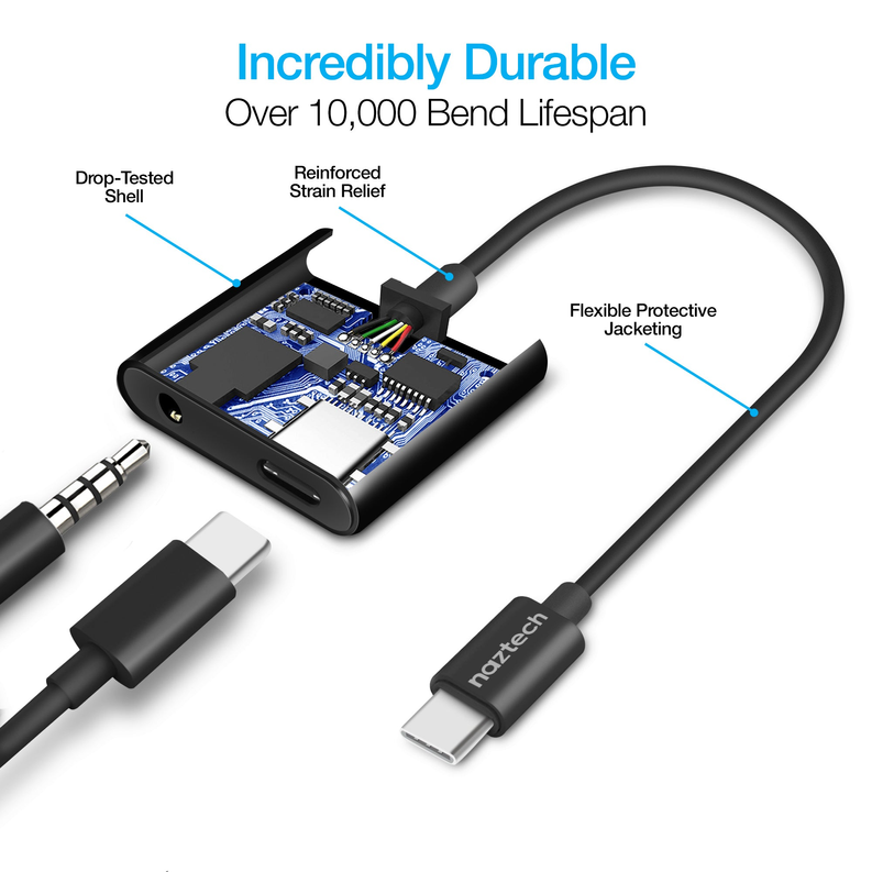 USB-C audio and charge adapter with exposed electronics and flexible cable